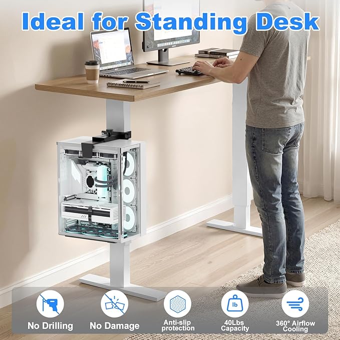 Under Desk PC Mount - No Drilling 40 lb Capacity, Fits 3 Fixed Desk Leg Sizes, CPU Holder Under Desk, Adjustable Clamp-on Desk Leg PC Mount for Standing Desk, with Non-Slip Pads, Black