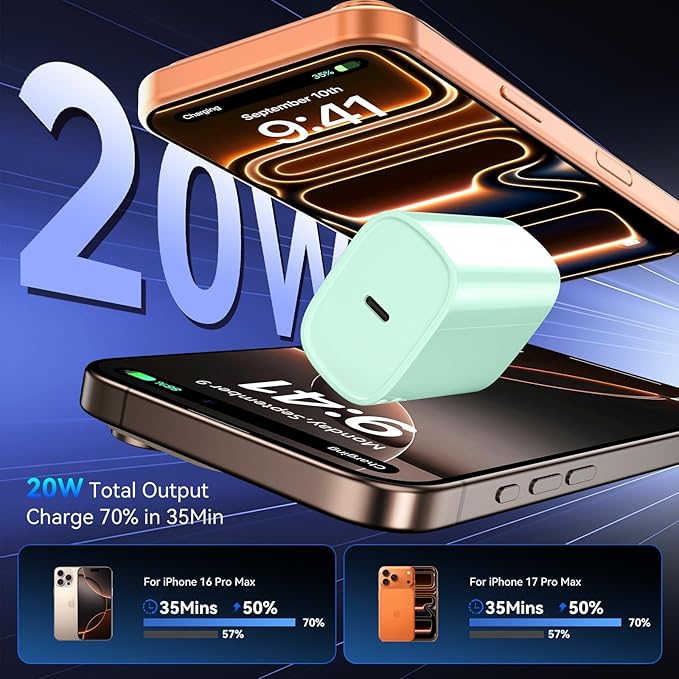 Phone 17 16 15 Pro Charger Fast Charging, 20W USB C Fast Charger Block with 12FT Long Type C Chargers Fast Charging Cable Cord for Phone 17/17 Pro/17 Pro Max/Air/16 Pro Max/16 Pro/15Pro Max/Pro, S24
