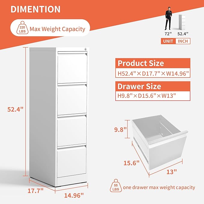 IKIMI 4 Drawer File Cabinet,Metal Filing Cabinets for Home Office,Vertical File Cabinet with Lock,Heavy Duty Metal Storage Cabinet for A4/Letter/Legal Size Files,Assembly Required