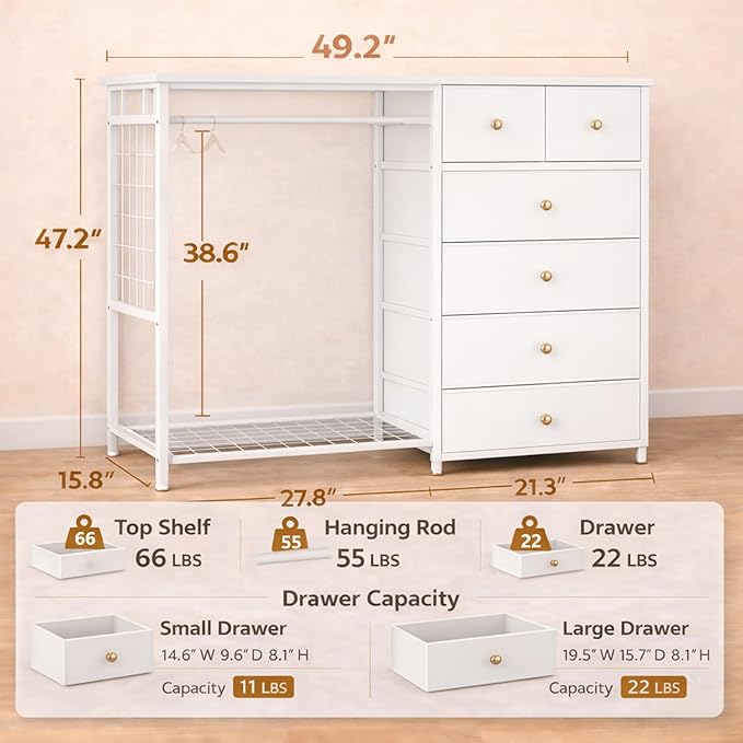Simple Deluxe Storage Clothes Rack with 6 Drawers, Charging Station & LED Lights, Fabric Chest Shelves Clothing Rack, Wooden Portable Wardrobe Closet, 49.2" W x 15.7" D x 47.2" H, White