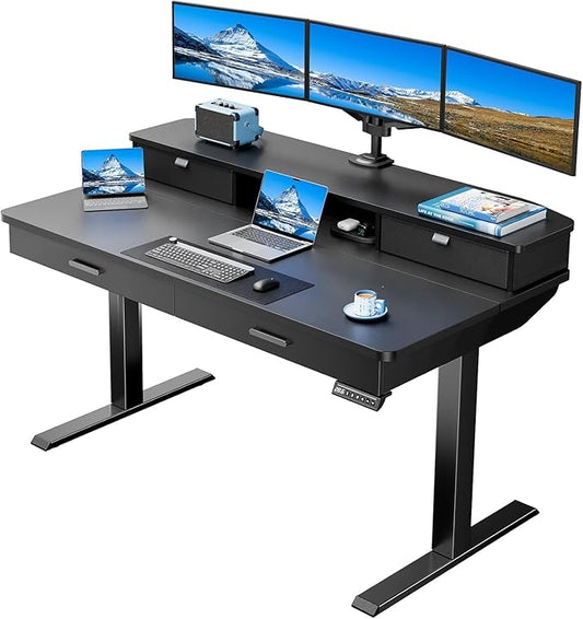 HUANUO 55 x 30 inch Standing Desk with Wood Drawers,Electric Stand up Home Office Desk Adjustable Height with Two Tiers, Black Ergonomic Stand up Desk with Monitor Stand