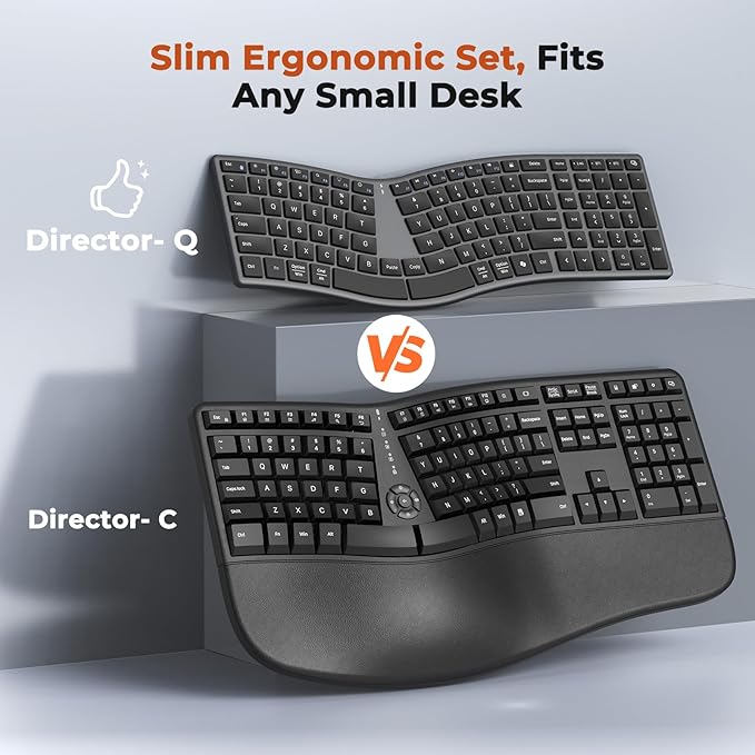 MEETION Wireless Ergonomic Keyboard, S-Curve Design Split Keyboard, 2.4G Wireless & Dual Bluetooth Keyboards, Slim Low-Profile Keys, Type-C Rechargeable, Full-Size Layout for Windows, Mac, PC, Laptop
