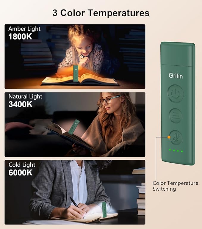 Gritin Book Light Rechargeable, Eye Caring 3-Color & 5-Brightness Clip on LED Reading Light for Books in Bed- Stepless Dimming, Long Lasting, Compact Size Flexible Book Lamp for Bookworms-Dark Green