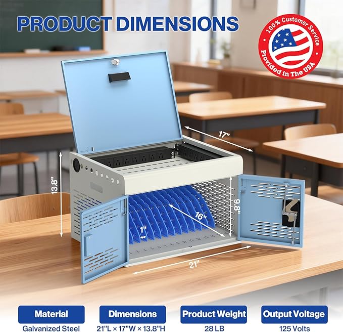 16-Unit Charging Cabinet for Laptops & Tablets - Locking Laptop Storage Box with Cable Management, Charger Storage, and Ground Protection for Classroom, Library, and Office(Blue)