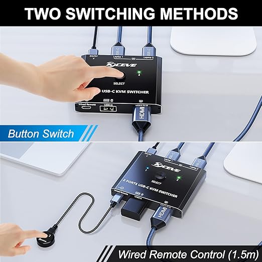 USB C KVM Switch 4K@60Hz,MLEEDA KVM Switch USB C for 2 Laptops Share Single HDMI Monitor and Keyboard Mouse,Compatible with Windows,Mac OS,Wired Remote and USB Power Cord Included