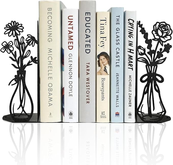 Flower Metal Bookends Decorative Book Ends for Shelves, Cute Book Ends for Home Office Decor Decorative Flower Vase Book Ends for Heavy Books, Book Stopper Ideal Gift for Mother's Day