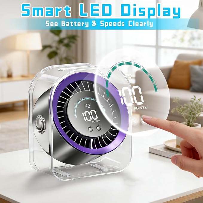 FOWSEEK Rechargeable Desk Fan Small Quiet, 4000mAh Portable USB Table Fan with 100 Speeds, 360° Adjustable, LED Display, Desktop Personal Cooling Fans for Bedroom Camping Office Travel - Purple