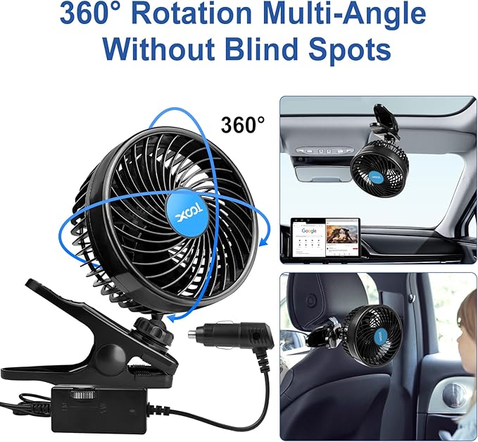 XOOL 12V 6'' Car Fan, Clip Fan 360 Degree Rotatable Car Fan Cooling Air Fan with Stepless Speed Regulation & Cigarette Lighter Plug for SUV, RV, Vehicles