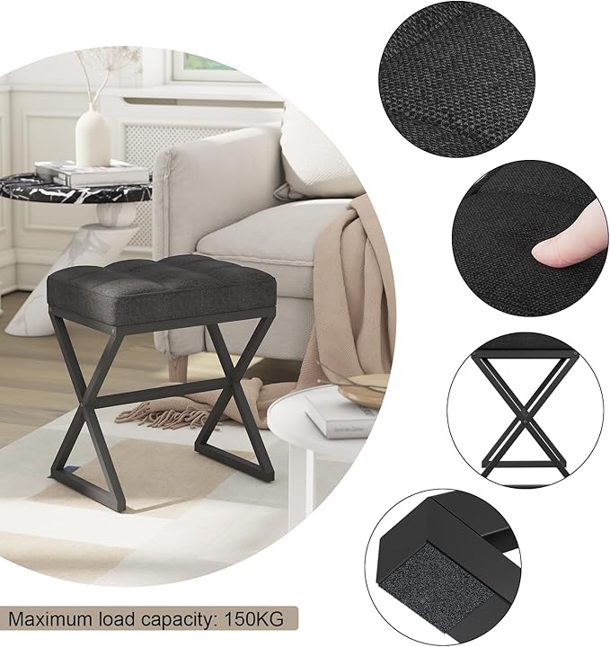 YMYNY Vanity Stool, Linen Footrest Stool, Ottoman Bench with X-Shaped Metal Legs, Makeup Dressing Stool for Vanity, Living Room, Bedroom, Entryway, Hallways 15.74" D×11.81" W×18.11" H Black UHBD033B