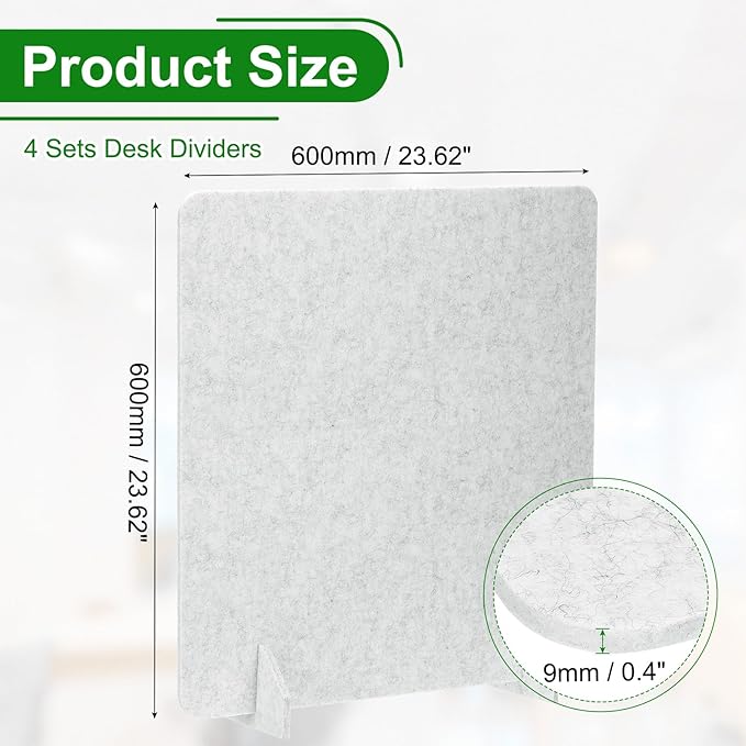 PATIKIL Desk Dividers 24" x 24", 4 Pack Desk Privacy Panel Freestanding Noise Reducing Partition Acoustic Panel with 2Pcs Support Feet for Testing Office Home Library, Light Gray Style A
