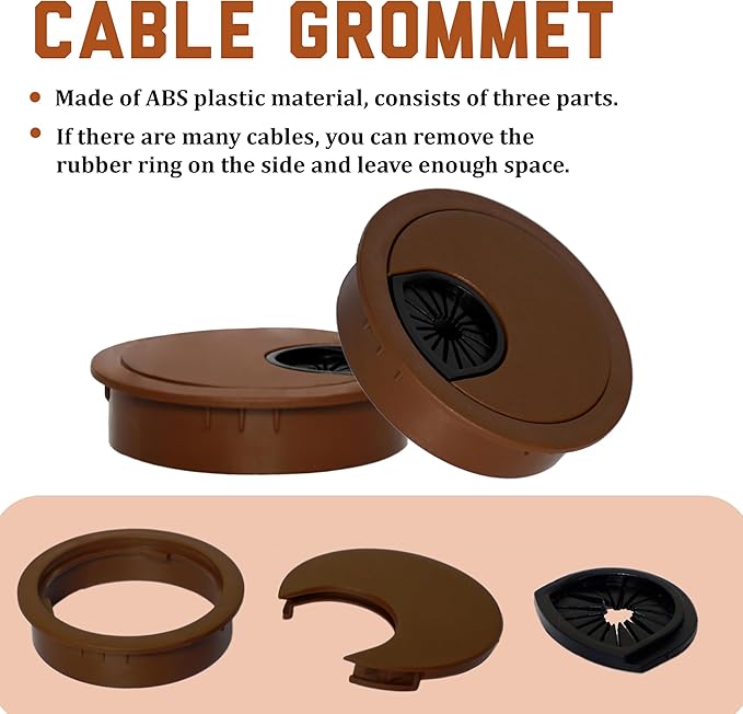 Signite 5 Pcs Plastic Desk Cable Grommet 2-1/2" – Durable Desk Hole Cover for Wire Management, Desks Cord Grommet for Workstations, Tables, Countertops 60mm Hole Cover for Home & Office Use - (Brown)