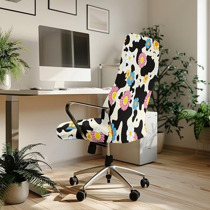 Talayituse Cow Daisy Print Computer Office Chair Covers, Soft Fit Universal Desk Rotating Chair Slipcovers, Removable Washable Anti-Dust Spandex Chair Protector Cover, L