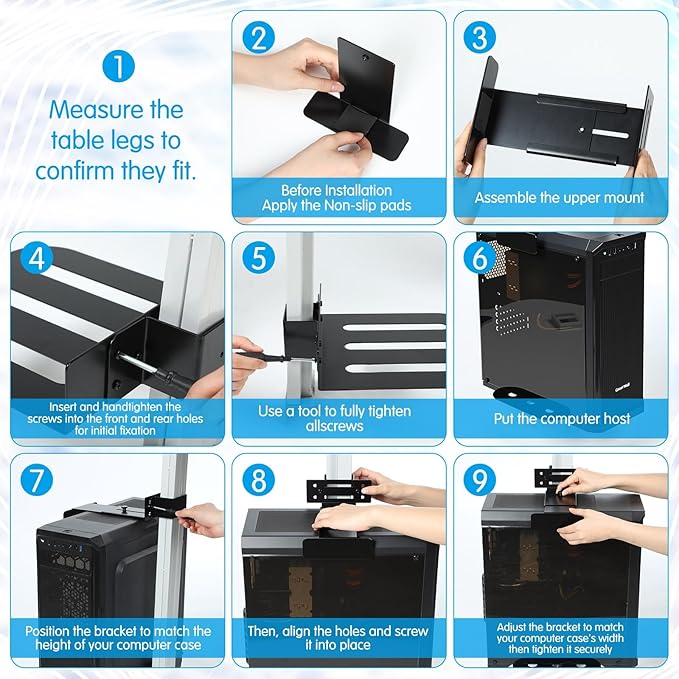 Relaxweex Under Desk PC Mount for Standing Desk Fits 65mm×45mm Legs PC Under Desks Mount 50lb Capacity Computer Holder Under Table Adjustable Computer Holders Clamp on Leg Holder, with Non Slip Pads