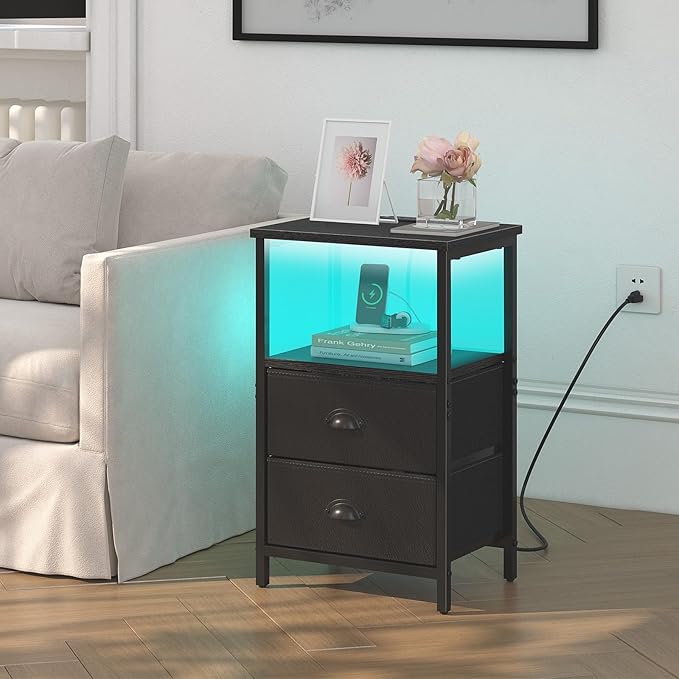 sthmec Nightstand with Charging Station, LED Night Stand Set 2, Bedside Table End Table Set of 2, Bedroom Table with 2 Fabric Drawers PU Finish, 3-Tier Storage Side Table for Bedroom,Black