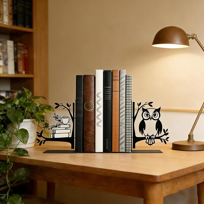 Owl Metal Bookends for Shelves, Vintage Black Owl Decorative Book Ends, Heavy Duty Rustproof Book Stoppers for Home Office & Study Desk, Ideal Gift for Owl Lovers & Book Lovers