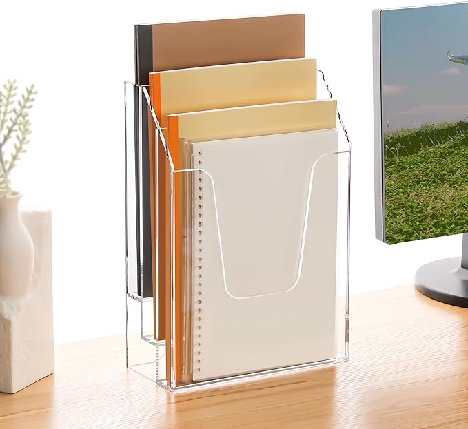YUXUN Wall Mount File Organizer, Clear Acrylic File Holder for Desk, No Assembly Hanging Mail Organizer, Heavy Duty Document Sorter Magazine Rack for Office, Home, Classroom