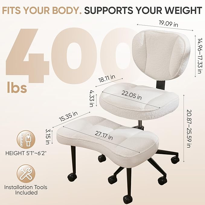 Criss Cross Office Chair with Wheels, Adjustable-Height Backrest & Swivel Footrest, Ergonomic Cross Legged Office Chair with Leg Rest for Kneeling Meditation Yoga ADHD (Beige Teddy Fleece)