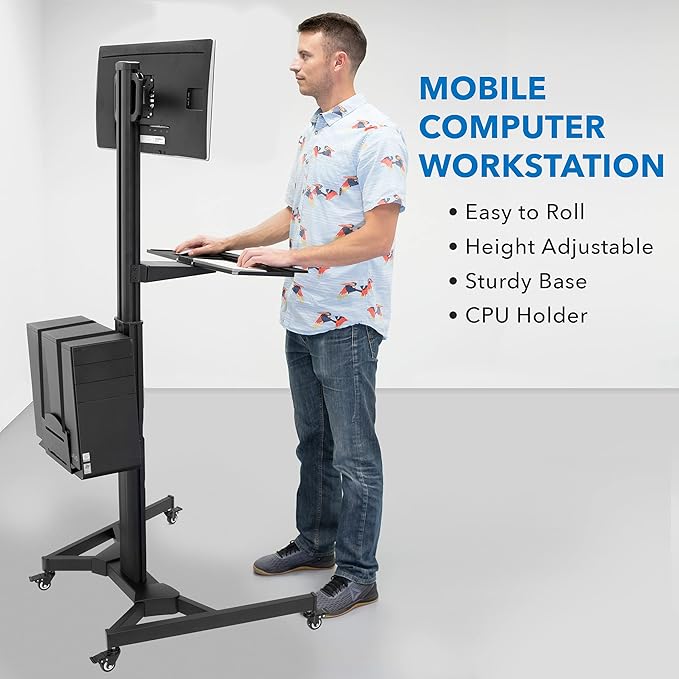 Mount-It! Computer Cart Mobile Desk Workstation with Monitor Mount for Screen up to 32", Rolling Computer Desk PC Cart, Keyboard & Mouse Tray, Rolling Stand with Adjustable CPU Holder, 63.5" Tall