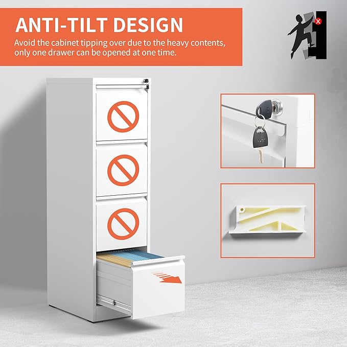 IKIMI 4 Drawer File Cabinet,Metal Filing Cabinets for Home Office,Vertical File Cabinet with Lock,Heavy Duty Metal Storage Cabinet for A4/Letter/Legal Size Files,Assembly Required