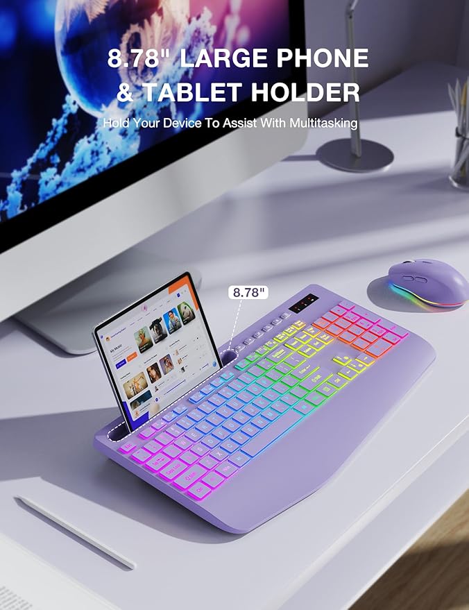 SABLUTE Wireless Keyboard and Mouse Combo, 9 Backlit Effects, Wrist Rest, Phone Holder, 2.4G Lag-Free Ergonomic Keyboards, KM22 MAX Rechargeable Silent Set for Computer, Laptop, Mac, Windows（Purple）