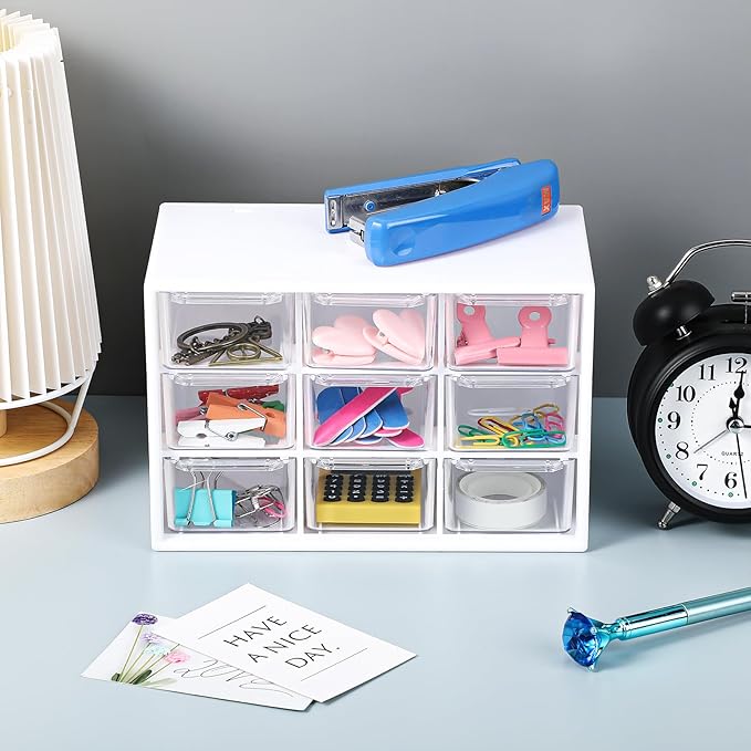 Rtteri 9 Pieces Mini Drawer Organizer Plastic Desktop Storage Box Desk Craft Organizer with 9 Clear Drawers for Office Home Jewelry Small Parts Belongings Cosmetics Collection, Wall Mounted (White)