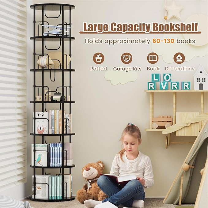 ALLSTAND 6 Tier Rotating Bookshelf, 360 ° Display Stackable Spinning Bookshelf Tower, Corner Bookshelf Tall Floor Standing Swivel Bookcase Narrow Storage Organizer for Bedroom, Living Room, Black