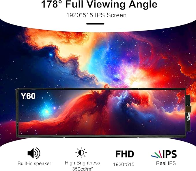 wisecoco 12.6 Inch Bar LCD Screen HDMI Display Monitor 1920x515 IPS DIY Kits Dual Built-in Speakers for Hyte Y60 Computer Gaming PC Case CPU GPU Secondary Monitor Easy Install Black