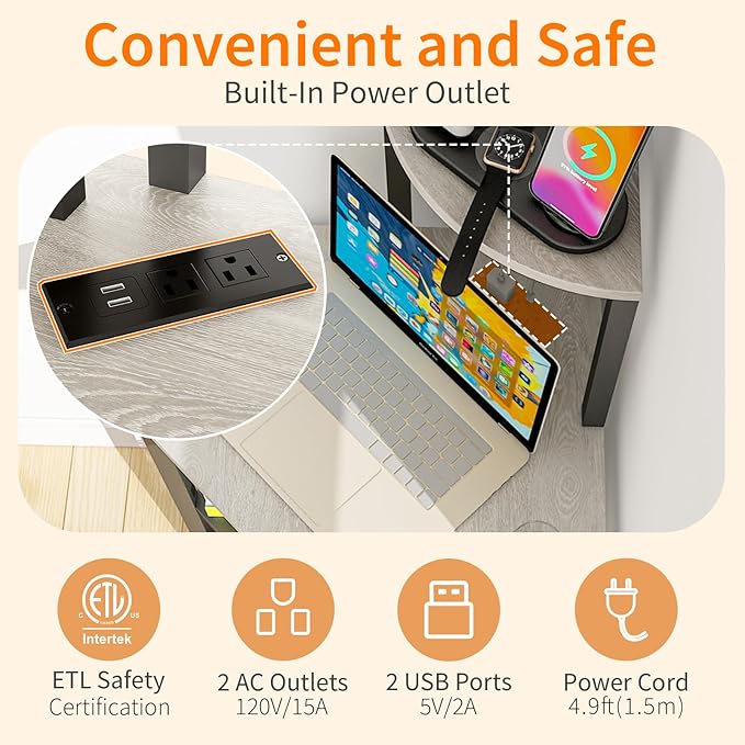 METYERRY Gray Corner Printer Stand Table, with Power Outlet and USB Charging & LED Lights, for Home Printer Stands, Storage Shelf, Computer Tower/CPU Stand Holder for Home Office, Greige