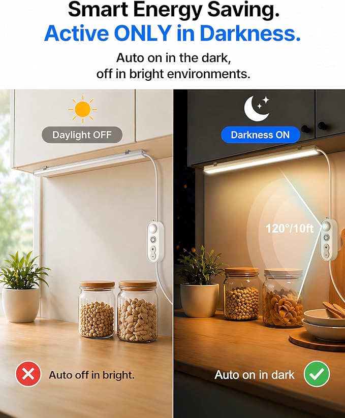 Motion Sensor Dimmable Under Cabinet Lighting, 6000K White, Plug-in, Linkable LED Closet Light Bars, 12-inch 3 Pack
