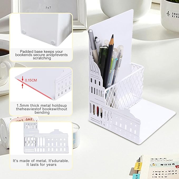 Capitol Book Ends Decorative for Shelves,ENCIMART 1.5mm Thickened Bookends with Pen Holder,Heavy Duty Metal Book Stopper Desk Organizer Holder for Office Gift (White)