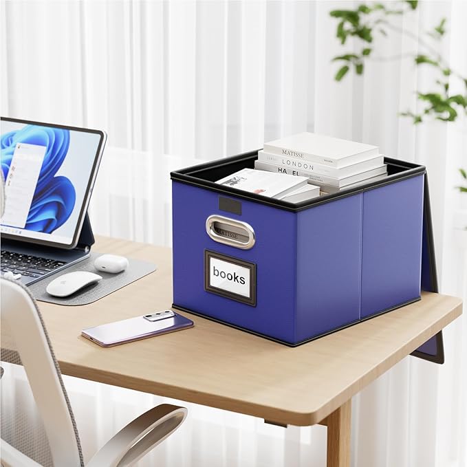 Decorative Leather File Organizer Storage Boxes with Lids Set of 4, Document Boxes Organizer, Filing Boxes, Decorative Small File Boxes for Hanging Files, File Cabinet for Office/Home - 4 Pack