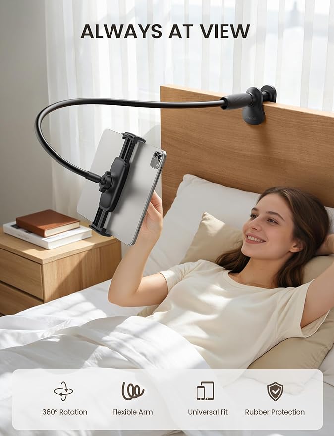 Lamicall Gooseneck Tablet Holder for Bed - [Unique Tapered Flexible Arm][Fully Adjustable] iPad Kindle Holder Stand for Reading in Bed, Tablet Mount for 4.7-13" iPad, Kindle, iPhone, Mothers Day
