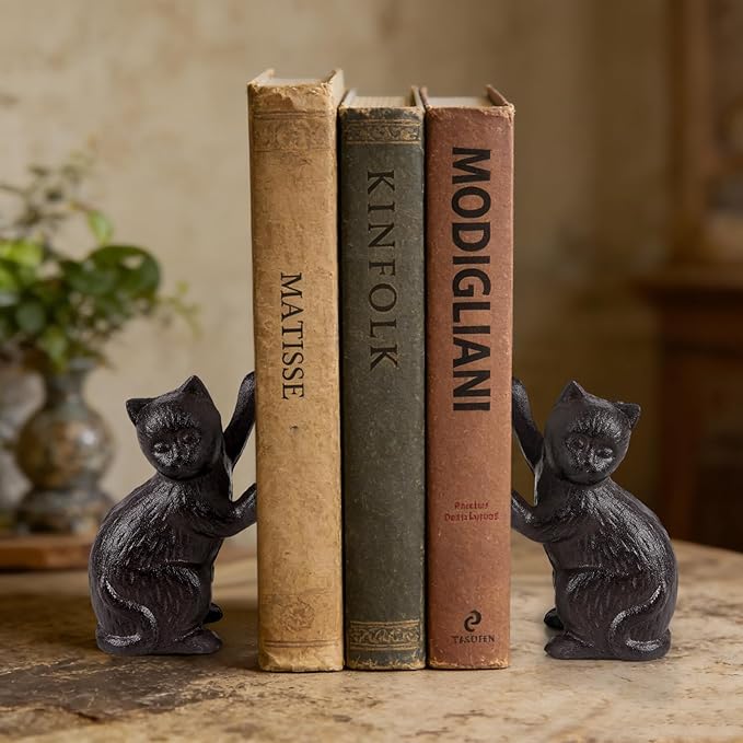 Decorative Cat Bookends, Cast Iron Kitty Book Ends, Heavy Duty Book Stopper, Vintage Antique Brown Black Home Decor, Cute Cat Statues for Shelf Decoration, 2 Pack (Black)
