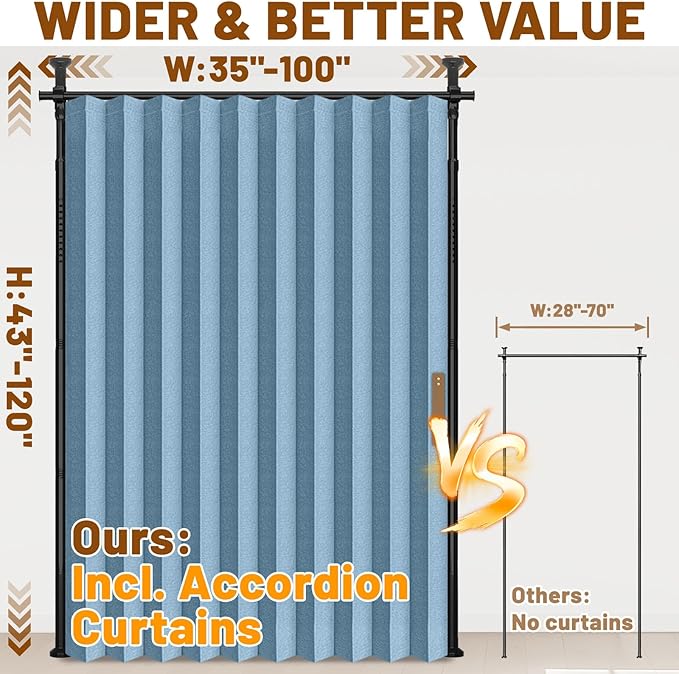 AJAZZ Room Divider Curtain (Blue, W100 x L84 in, 1 Panel)+ Tension Curtain Rod No Drilling (H) 43-120×(W) 35-100 in, for Privacy/Soundproof Curtains, Heavy Duty Wall Separator