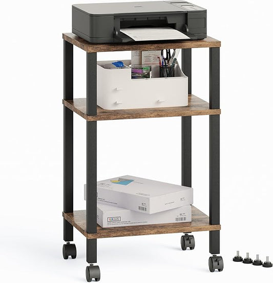 3-Tier Printer Stand with Storage, Mobile Printer Cart with Rolling Casters & Adjustable Feet, Under Desk Storage Shelf for Home Office, Rustic Brown, 15.7" x 11.8" x 25.9"