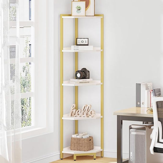 Hzuaneri Corner Shelf Stand, Corner Bookshelf, Storage Standing Shelf Unit with Metal Frame, Plant Stand, Bookcase for Living Room, Home Office, Bedroom, 5-Tier White Gold CS05903A