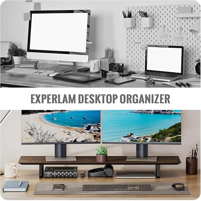 EXPERLAM Solid Wood Dual Monitor Stand,Holds 2 Screens Up to 27inch,Desktop Organizer,43inch Desk Shelf,Desk Riser for TV Laptop Printer Office Accessories,Rubberwood