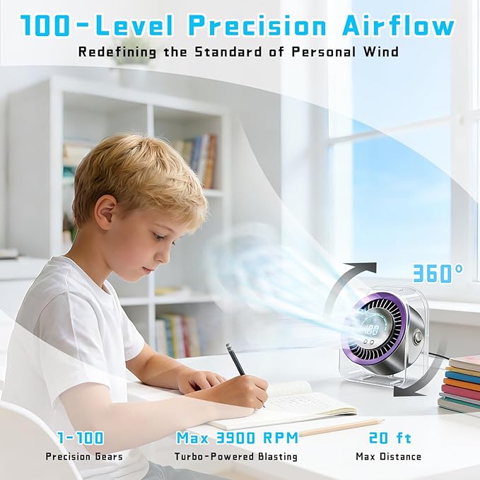 FOWSEEK Rechargeable Desk Fan Small Quiet, 4000mAh Portable USB Table Fan with 100 Speeds, 360° Adjustable, LED Display, Desktop Personal Cooling Fans for Bedroom Camping Office Travel - Purple