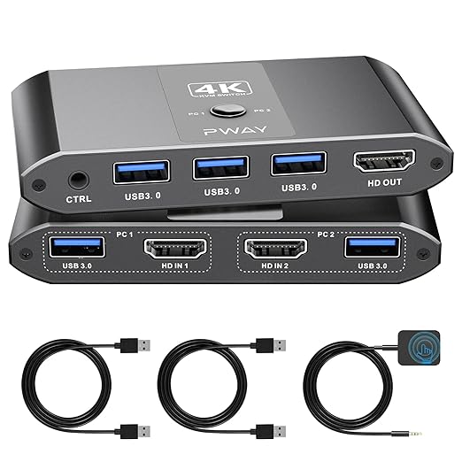 4K@60Hz HDMI Kvm Switch 1 Monitors 2 Computers, Sharing USB Devices with 3 USB 3.0 Ports, Supports Wired Remote and Button Control, EDID Compatible, Suitable for Laptop/Desktop