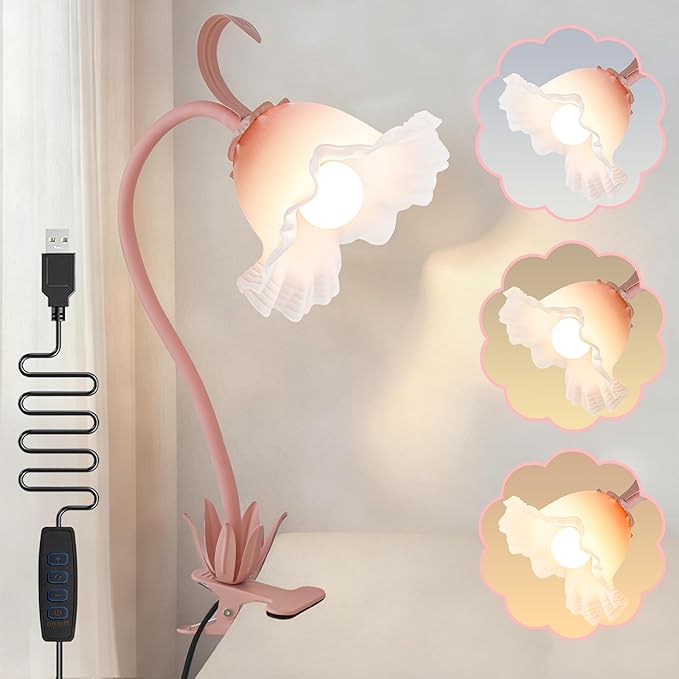 Clip on Light,Flower Desk Lamp,360°Rotation Gooseneck LED Reading Lights,Floarl Bedside Lamps,3 Colors Modes Book Lights Eye-Caring for Bedroom Bed Headboard Office Home Lighting Table Lamp(Pink)