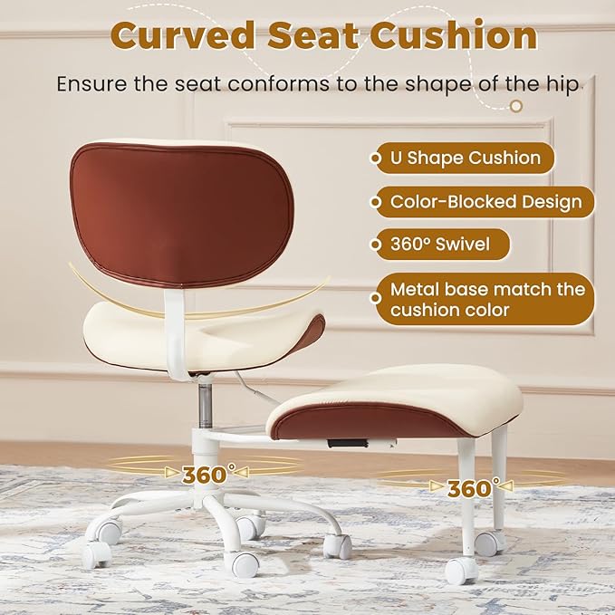 EROMMY ADHD Chair with Wheels Retractable footrest, Wide and Thickened Criss Cross Chair, Ergonomic Cross Legged Kneeling Desk Chairs for Meditation Yoga, Beige & Brown