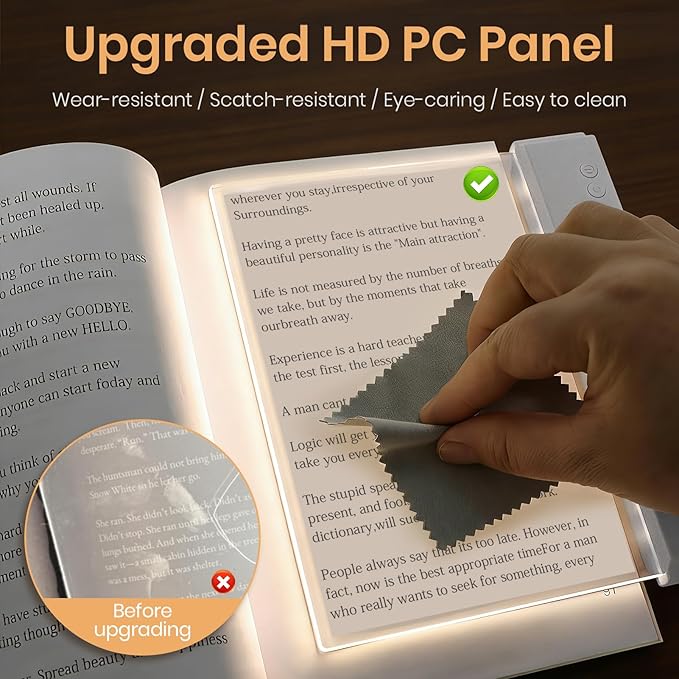 Flat Book Light, Rechargeable Clear LED Smart Reading Light with 3 Colors & Timer, Dimmable Full Page Panel Plate Lamp, Eye Protection, Portable Flat Reading Light for Bedside, Travel, Study (White)