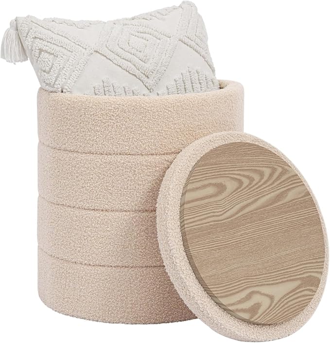 Round Boucle Storage Ottoman, Sherpa Teddy Fabric Ottoman Footstool with Reversible Tray Lid, Folding Footrest with Storage for Living Room, Bedroom, Dorm, Beige, 14.6" x 14.6" x 17.7"