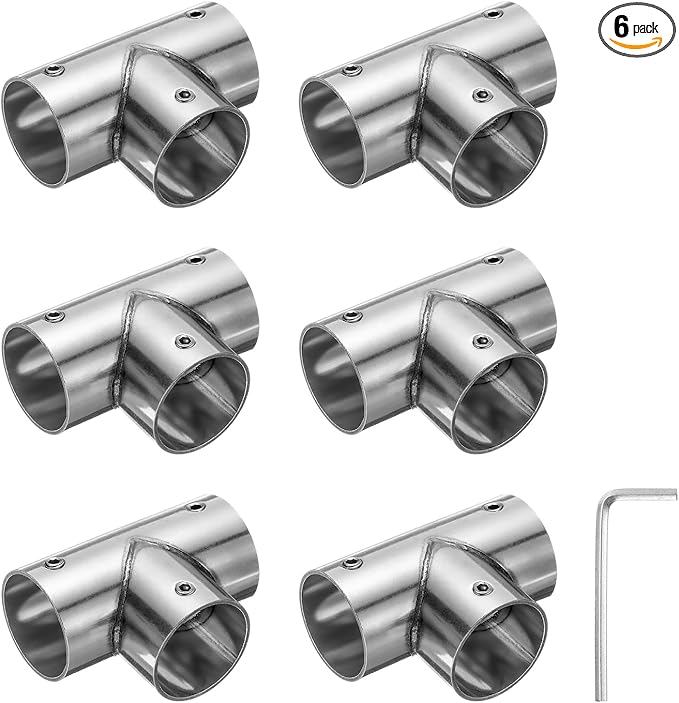 uxcell 6Pcs Tee Structural Pipe Connectors 3 Way End Rails Clamp with Wrench Stainless Steel Corner Pipe Fittings for DIY Shelf Garden Support 1" Fit Pipe Dia, Silvery