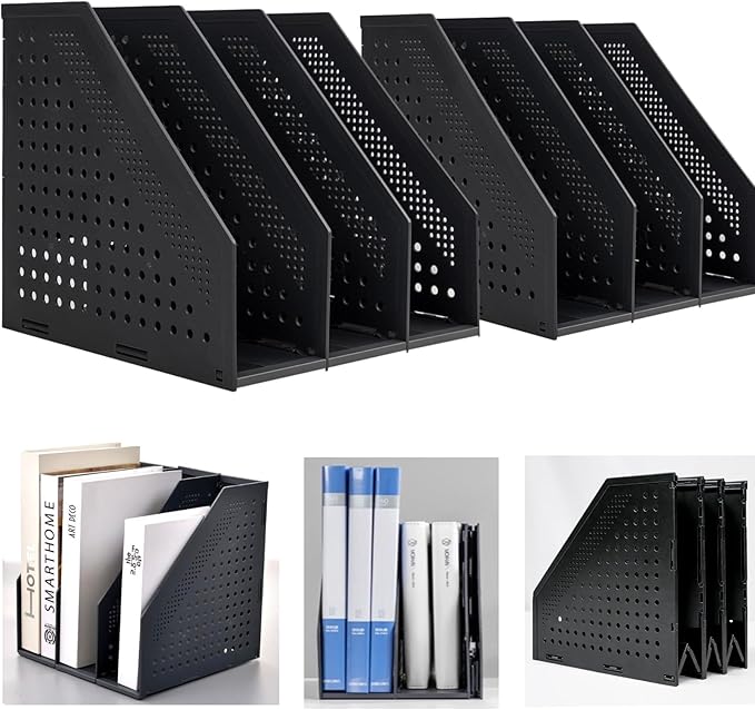 Marte Vanci Collapsible 3 Compartment Magazine Holder Desktop Organiser Adjustable Sturdy File Dividers Document Cabinet Rack Display (2 Pcs Black)