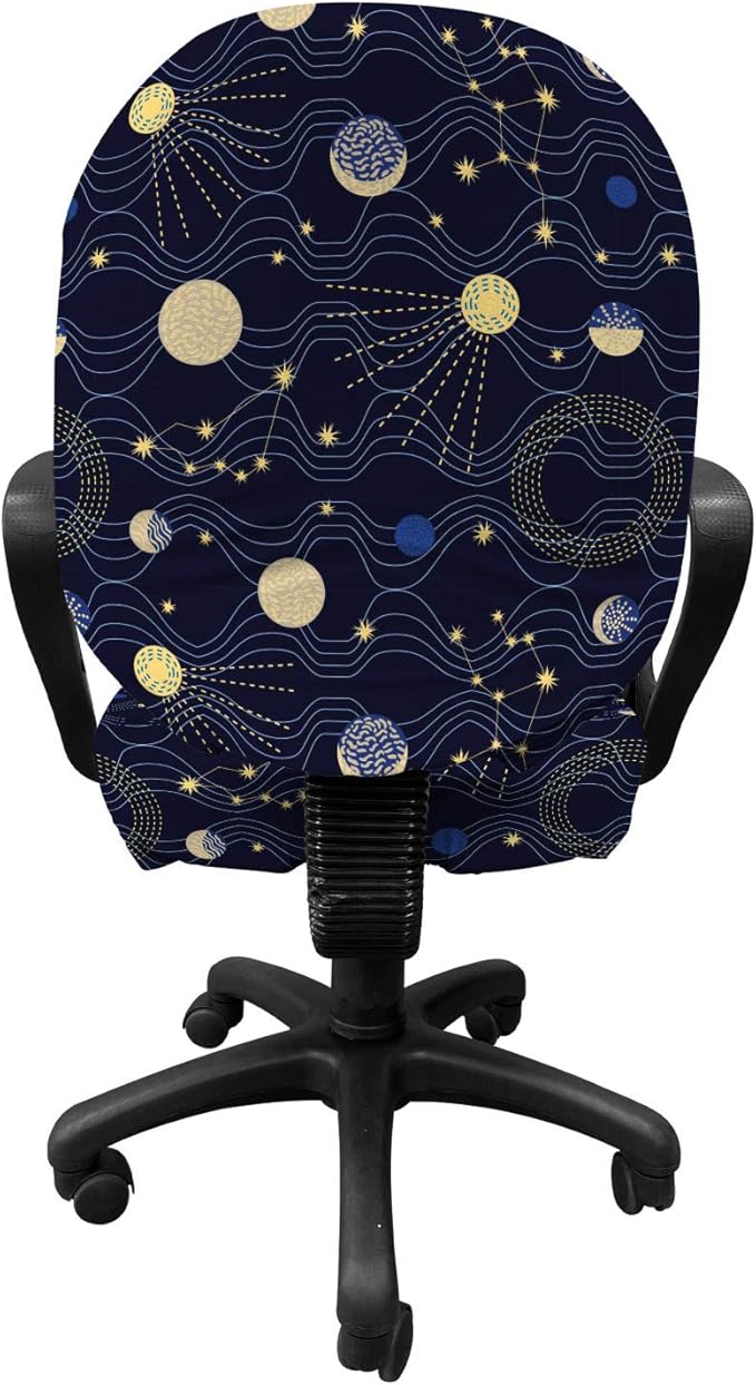 Ambesonne Night Sky Office Chair Slipcover, Retro Style Sky Illustration with Cosmic Elements, Protective Stretch Decorative Fabric Cover, Standard Size, Indigo Brown