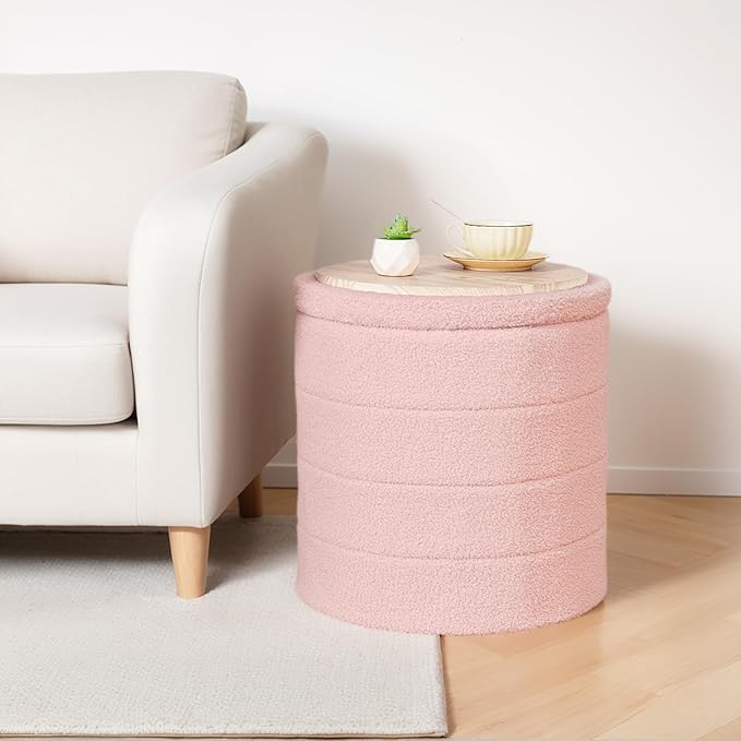 18" Tall Round Boucle Storage Ottoman, Sherpa Teddy Fabric Ottoman Footstool with Wooden Tray Reversible Lid, Folding Footrest with Storage for Living Room, Bedroom, Dorm, Pink