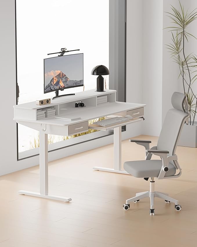 Electric Standing Desk with Keyboard Tray, 55x24 Inches Height Adjustable Stand up Desk with 2 Drawers, Ergonomic Sit to Stand Table with Storage Monitor Stand, White