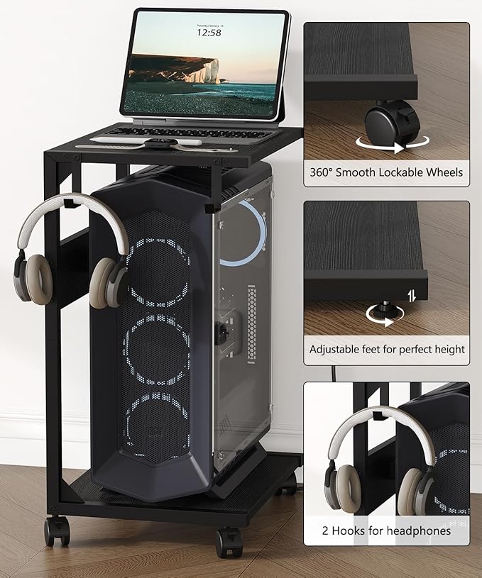 Akxomel 2 Tier Computer Tower Stand with Charging Station, 11.8" D x 16.5" W Rolling Floor PC Tower Stand Fits Under Desk, CPU Holder Cart for Carpet with Hooks, Home Office