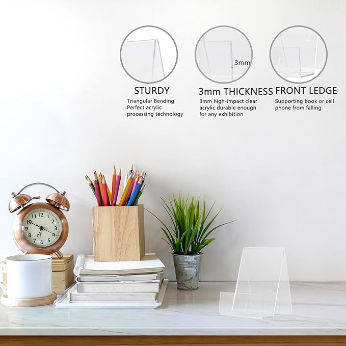 6'' x 4'' Acrylic Book Display Stand Clear Easel with Ledge Tablet Holder for Displaying Books, Pictures, Notebooks, CDs, Artworks, etc (Large) (10)